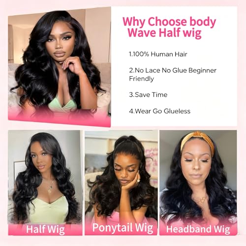 Hunt Charm 18 Inch Body Wave Glueless Half Wig 3-in-1 Human Hair with Drawstring & Headband - BD-1B
