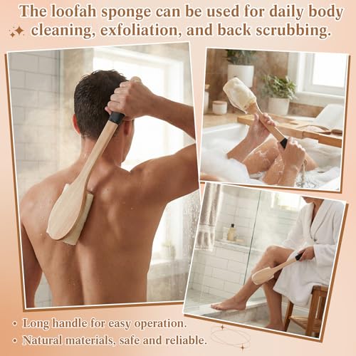 Zhehao 2 Pack Natural Loofah with Handle, Shower Loofah, Back and Body Scrubber Brush with Non Slip Silicone Grip and Hanging Rope for Wet Use Men Women Elders
