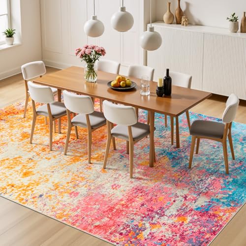 Rainbow Washable Area Rug 8x10 - Soft, Non-Slip Living Room Carpet - Colorful Abstract Design - Kid & Pet Friendly
