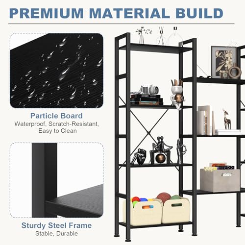 DUMOS Triple Column 4-Tier Industrial Bookshelf - Classic Black, 10.2 x 62.3 x 54.6 Inches