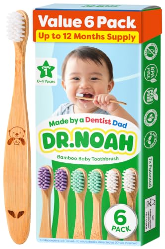 Baby Bamboo Toothbrush 6 Pack - Microplastic-Free, Soft Bristles, Dentist Designed, Stage 1
