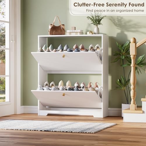 Nicetree White Shoe Cabinet with 2 Flip Drawers, Narrow Entryway Organizer