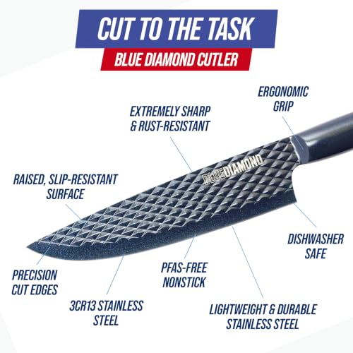 Blue Diamond Sharp Stone 14-Piece Knife Set with Wood Block - PFAS-Free Diamond Textured Stainless Steel Knives