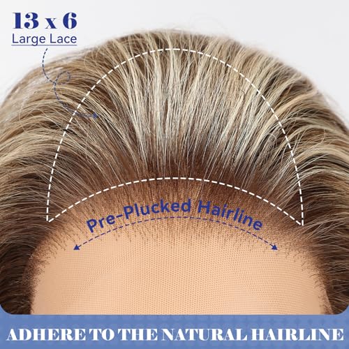 HD 13x6 Lace Front Synthetic Wig - 24 Inch Long Curly Brown Highlight Layered Wigs for Women