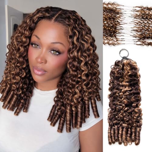 Highlight Feather Crochet Hair 14 Inch - Honey Brown Ombré Spiral Curl, Invisible Knots, Pre-separated Human Hair Extension - Variation of THIS listing