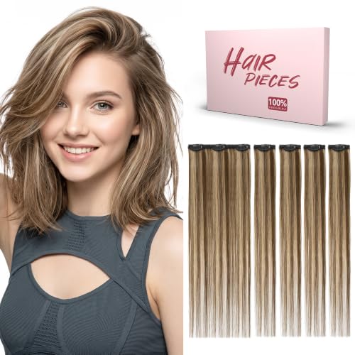 Clip-In Hair Extensions Short Hair Real Human Hair 14 Inch Medium Brown & Dark Blonde 4P27
