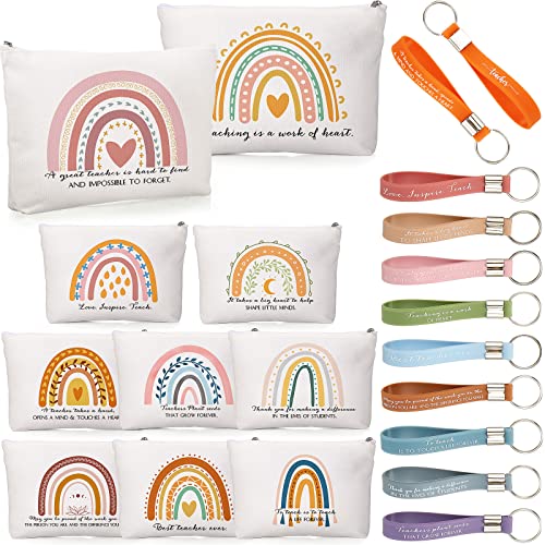 Fumete 40 Pcs Teacher Gift Inspirational Rainbow Makeup Bag Rainbow Silicone Keychains Bulk Zipper Canvas Teacher Pencil Pouch for Employee Appreciation Thank You Gifts Thanksgiving Christmas