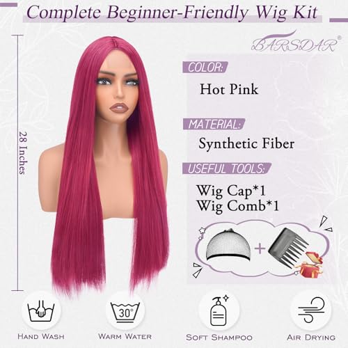 28 Inch Hot Neon Pink Synthetic Wig for Women - Long Straight Costume & Party Hair, Breathable Cap