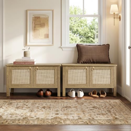 SICOTAS Rattan Storage Bench Boho Lidded Chest with Safety Hinges - Carbon Cherry, 1 Piece