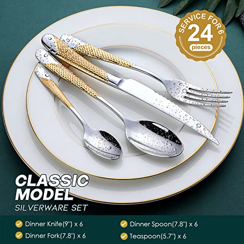 OGORI Hammered Silver Gold Flatware Set 24 Pieces for 6 - Elegant Stainless Steel Dinnerware