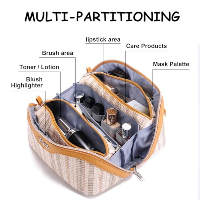 BOYATU Travel Makeup Bag for Women: Large Capacity Open Flat Make up Bag Set of 3 - Vegan Leather Cosmetic Bag with Compartments - Waterproof Toiletry Bag with Handle & Divider(I-4-Gold)