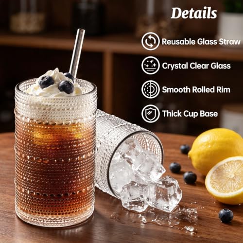 12-Pack Clear 16oz Vintage Hobnail Drinking Glasses Set with Straws - Elegant Home Barware