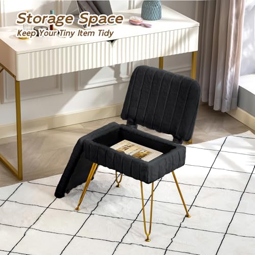 Black Vanity Chair with Storage & Foldable Back - Comfy Ottoman