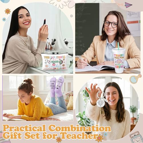 Bright Teacher Appreciation Gift Set with 24 oz Tumblers Socks Makeup Bags & Keychains - Back to School