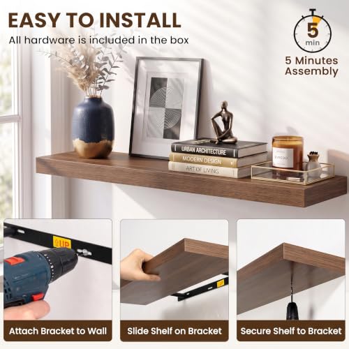 Acovy Walnut Floating Shelves Set of 2 48x8in Wall Mount Display Shelf Modern Design