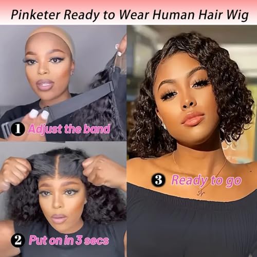Pinketer 12 Inch Deep Wave Glueless Human Hair Bob Wig - Pre Plucked & Pre Cut, Pinketer Glueless Bob Wig