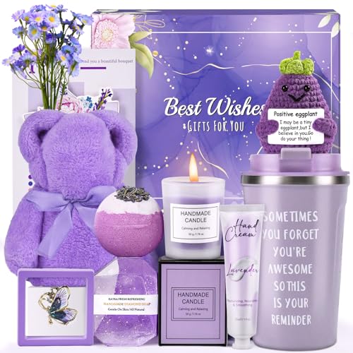 Gifts for Women, Birthday Gifts for Women, Gift Baskets for Women Best Friends Mom Her Sister Wife Girlfriend Coworker, Lavender Spa Gift Set with Emotional Support Eggplant Doll for Christmas Gifts