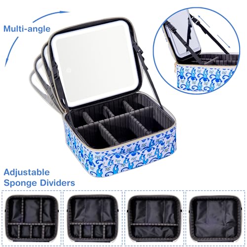 Portable Makeup Train Case with LED Mirror - Blue Travel Organizer & Mirror