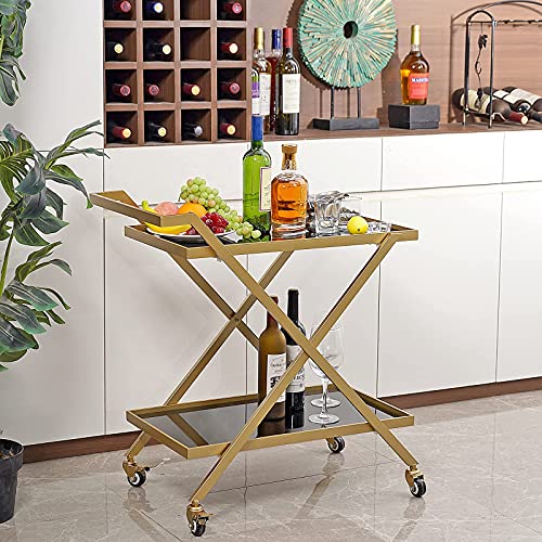 Crofy Gold Finish Bar Cart on Wheels with Tempered Glass Shelves - 2-Tier Mobile Serving Cart for Home & Bar