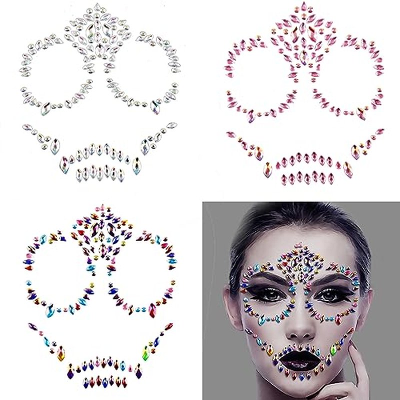 3Pack Sugar Skull Face Gems Jewels Day of the Dead Face Temporary Tattoo Glitter Rhinestone Stickers for Makeup Skeleton Face Gems for Halloween Party Festival Accessory and Nail Art Decorations