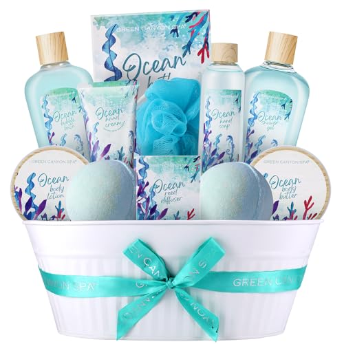 Green Canyon Spa Gift Baskets for Women, Bath and Body Gift Set for Women, 12Pcs Ocean Spa Sets Includes Bubble Bath, Body Lotion,Mothers Day Gifts for Her,Spa Baskets