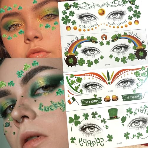St. Patrick's Day Temporary Tattoos - Shamrock Face Stickers - Green Clover Body Tattoos - Self Adhesive Party Makeup - Festival & Holiday Party Supplies - 10pcs