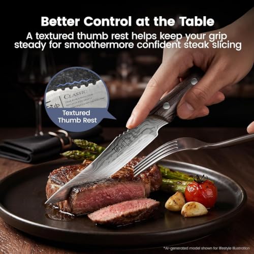 Foldable Steak Knife Set of 6 with Acacia Wood Block - Safe & Sharp Kitchen Knives