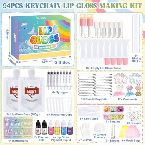 Make Your Own Lip Gloss Kit, JCOOS Lip Gloss Making Kit, 94PCS Fun Keychain DIY Lipgloss Sets for Girls, Flavored Moisturizing Glitter Lip Kit, Kids Lip Gloss, Tween Girls Trendy Stuff Christmas Gifts