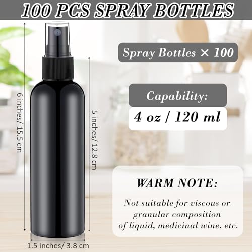Kigley 100 Pcs Small Spray Bottle Bulk 4 oz Plastic Empty Mist Spray Bottles for Essential Oils Fine Mist Sprayer Reusable Refillable Portable Travel Containers for Perfume Cleaning Samples(Black)