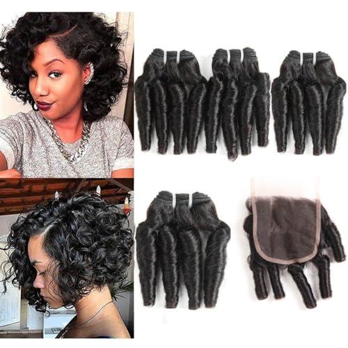 Brazilian Virgin Human Hair Curly Weave 4 Bundles with Lace Closure - 8/8/8/8+8 Inches, Natural Black