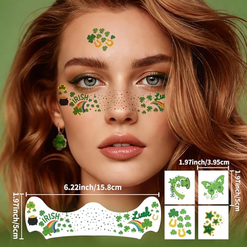 28PCS St. Patrick's Day Glitter Face Temporary Tattoo, Glitter Gold Green Freckles Shamrock Face Stickers, Saint Patricks Fake Tattoos for Adult Women Girls, St. Patrick¡¯s Day Makeup Accessories