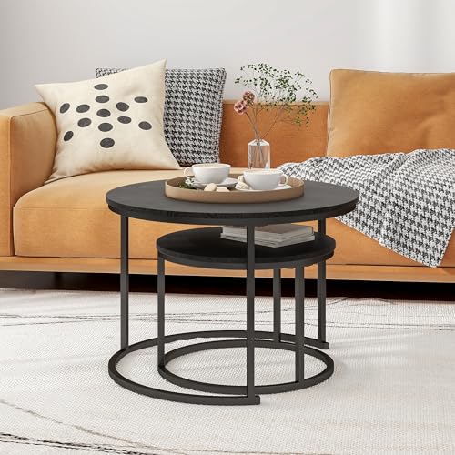 HOJINLINERO Black Nesting Coffee Table Set of 2 - Space-Saving Wooden Cocktail Tables