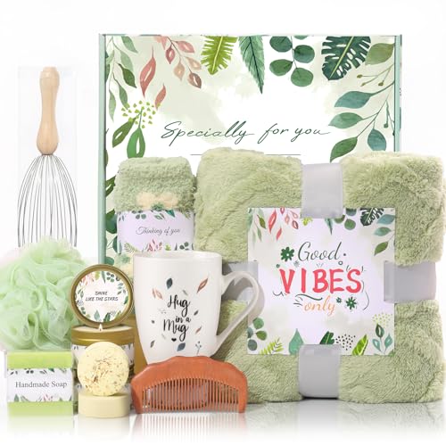 Green Spa Gift Basket for Women - Cozy Care Package with Candle & Accessories