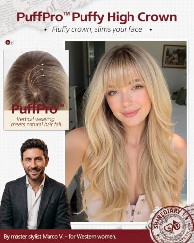Rooted Honey Blonde Wig with Bangs - 24 inch Wavy Voluminous High Crown Style for Women, Realistic Scalp, Easy Shake & Wear, SHINEDIARY