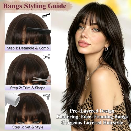 Long Wigs for Women 26 Inch Mix Brown Highlights with Bangs - Realistic Scalp & Wavy Style