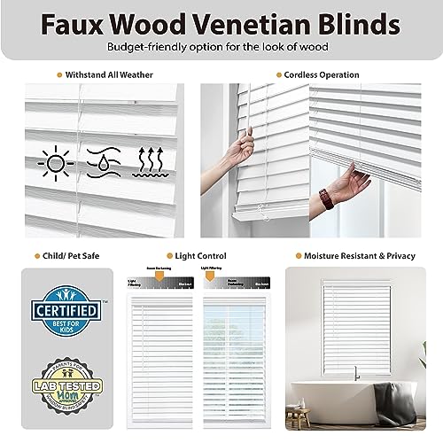 Cordless Faux Wood Window Blinds - Signature 2-Inch Slats, White, 70 x 48 Inches - Embossed Finish