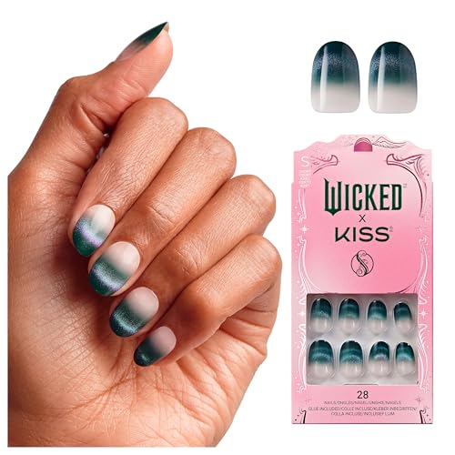 WICKED X KISS Press On Nails, ¡®Don't Hide Your Magic¡¯, Green, Short Oval, Waterproof, Chip Proof, Smudge Proof, 28 Fake Nails, Pink Gel Nail Glue (2g), Mini Nail File, & Manicure Stick