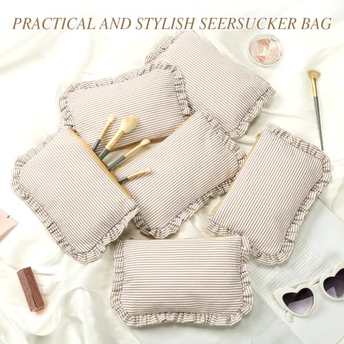 Sanwuta 6 Pcs Seersucker Makeup Bags for Women, Striped Khaki