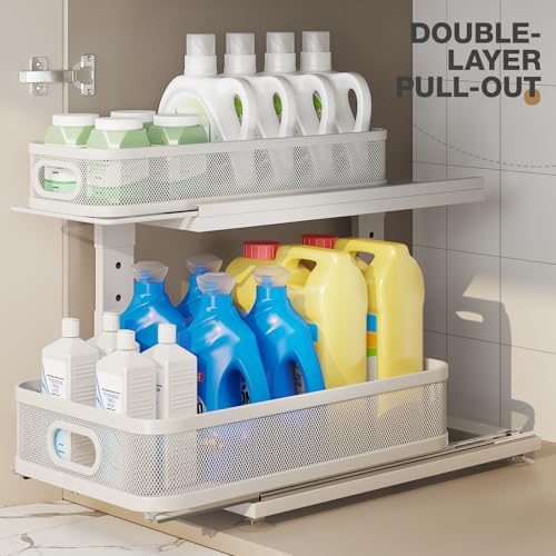 Corbyles 2-Pack White 18.5" Under Sink Organizer with Adjustable Height, Mesh Drawers, Ball-Bearing Slides