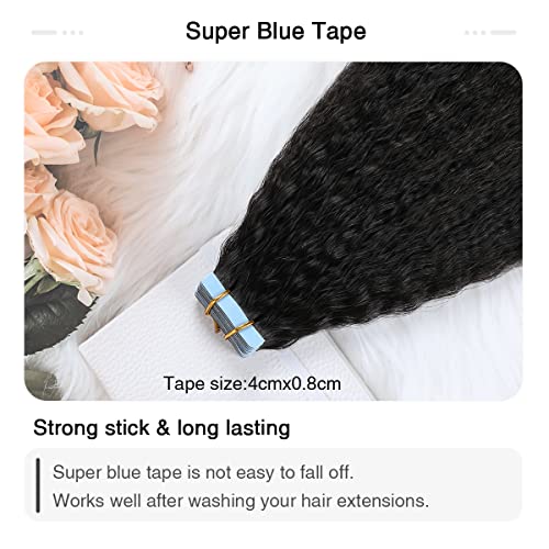 Kinky Straight Tape-In Hair Extensions 12 Inch Jet Black - Natural Remy Human Hair, Seamless & Lightweight, Variation of 12 Inch / #1B Natural Black_KS