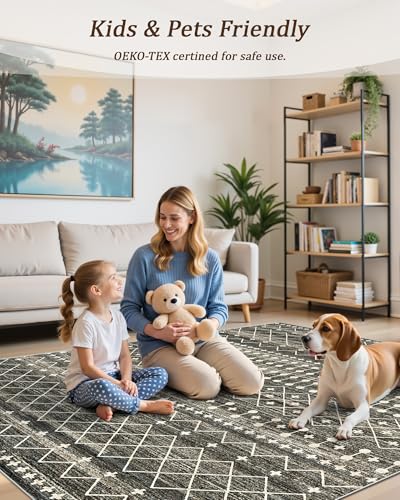 Black 8x12 Moroccan Style Area Rug - Washable Non-Slip Living Room Carpet