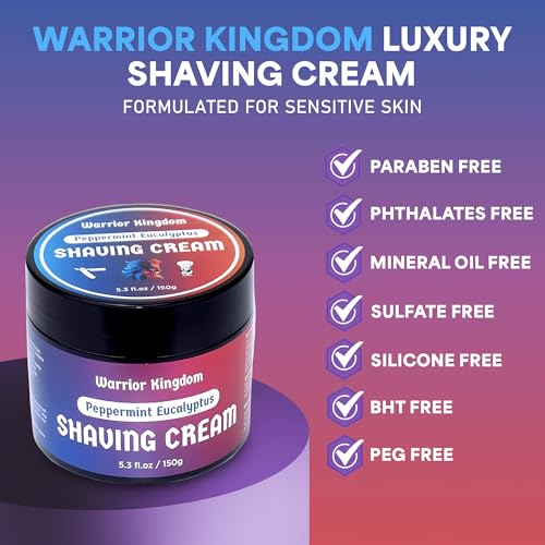 Warrior Kingdom Shaving Cream - Peppermint Eucalyptus. Refreshing Scent. Rich Creamy Lather for the Smoothest Shave. For face, head and body. Gentle, non irritating formula for all skin types.
