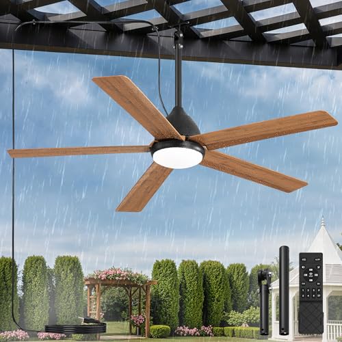 52" Outdoor Ceiling Fan with Light Brown Fans IP65 Waterproof Plug