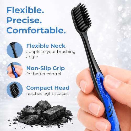 12 Pack Activated Charcoal Soft Toothbrushes with Ultrafine Tapered Bristles - Compact Head & Slim Design