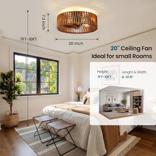 20-Inch Flush Mount Ceiling Fan with Light and Remote - Wooden Cage Low Profile Farmhouse N