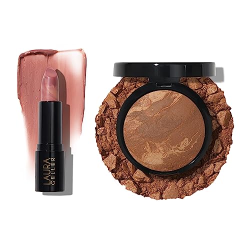 LAURA GELLER NEW YORK Baked Balance-n-Brighten Powder Foundation, Toffee + Italian Marble Sheer Hydrating Lipstick, Al Fresco