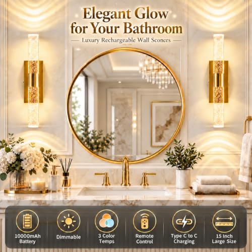 15 Inch Rechargeable Battery Wall Sconces Set of Two - Gold Finish, Dimmable, Color Changing, Wireless, 10000mAh