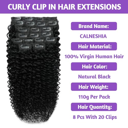 CALNESHIA 1B 14 Inch Curly Clip-In Hair Extensions Human Hair Black Women 110g