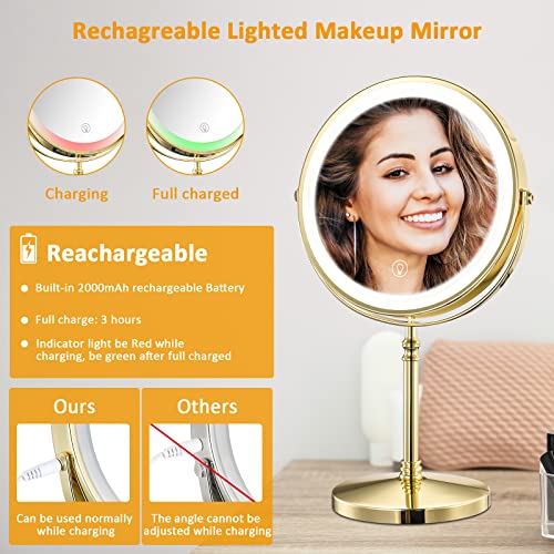 Rechargeable Lighted Makeup Mirror 8 Inch Dual-Sided 1X/10X Magnification with LED Lights