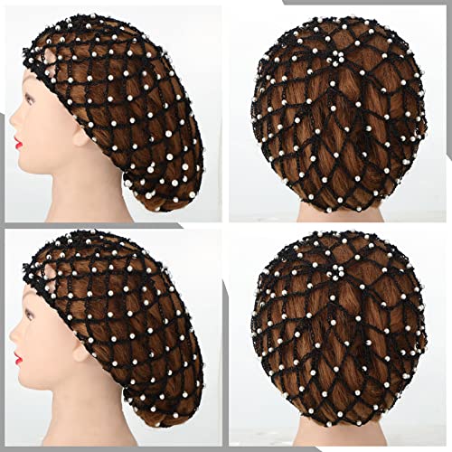 MTLEE 2 Pcs Black Mesh Crochet Pearl Hair Snood Rayon Knit Crocheted Sleeping Cap Net for Women Long Curly Hair